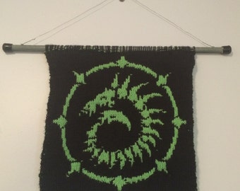 Handmade Warmachine Cryx Toruk Dragon Wall Hanging, Warmachine Hordes Knitted Banner, OOAK Hand Knit