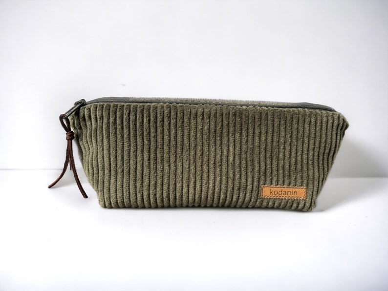 Pencil case pens wide cord olive green green plain cord image 1