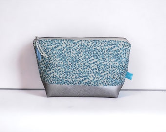 Cosmetic Bag Blue Silver Leaves Faux Leather