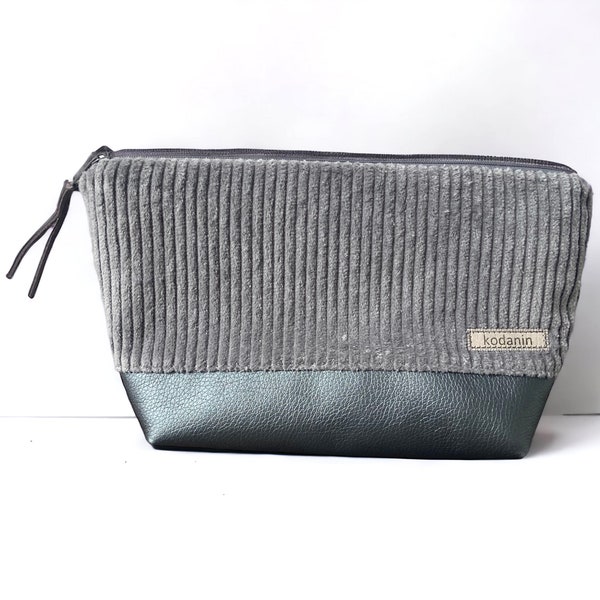 Kosmetiktasche Breitcord Grau Kunstleder metallic