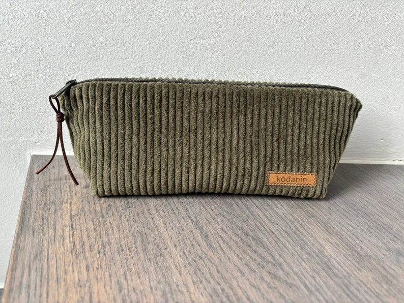 Pencil case pens wide cord olive green green plain cord image 4