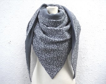 Triangular Scarf Muslin Grey White Leo Pattern Muslin Scarf Women