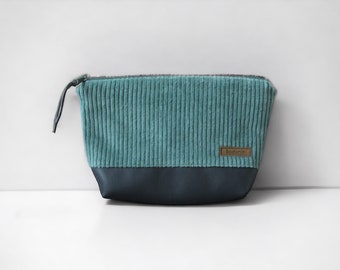 Cosmetic bag dusty green wide corduroy gray imitation leather