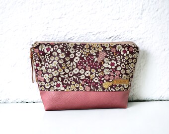 Cosmetic bag old pink faux leather flowers berry beige