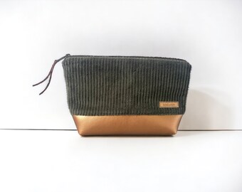 Cosmetic bag wide cord dark green imitation leather copper