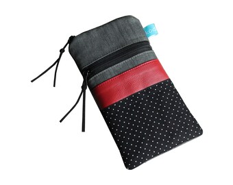 From 22.90 euros case smartphone jeans gray black dots red faux leather 2 zippers