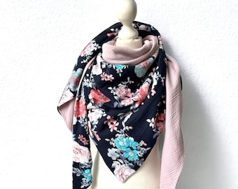 Triangle scarf muslin dark blue flowers old pink rose transition