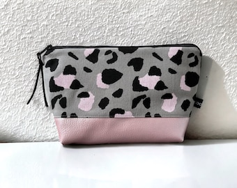 Cosmetic Bag Gray Leo Pink Faux Leather