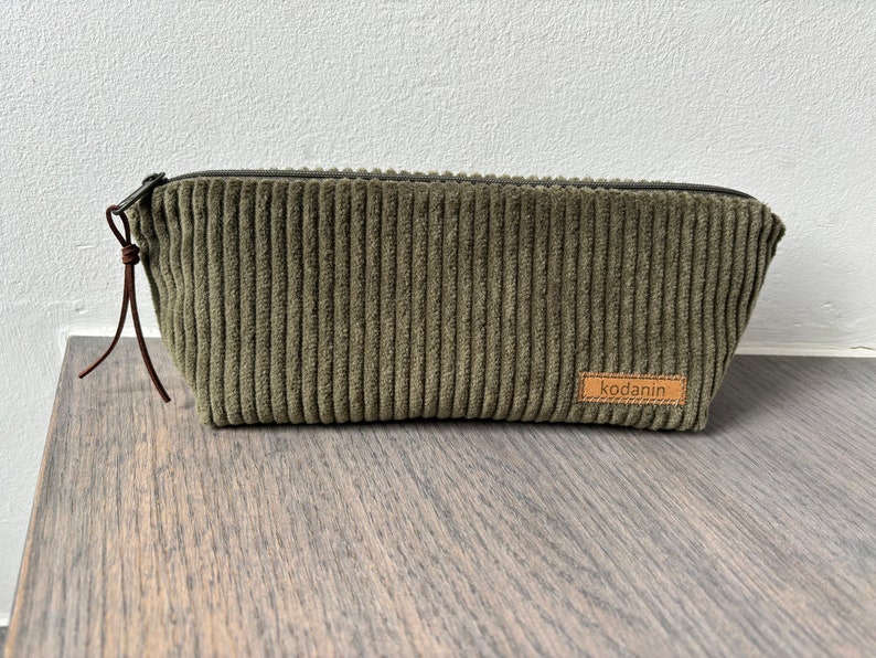 Pencil case pens wide cord olive green green plain cord image 8