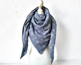 Triangular Scarf Muslin Grey White Stars Pattern Muslin Scarf Ladies