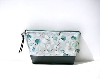 Cosmetic bag white eucalyptus dusty green faux leather grey