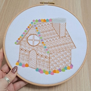 Lebkuchenhaus Blackwork Stickerei + Kreuzstich PDF Muster Download