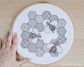 Honeybee Blackwork Embroidery PDF Pattern Download