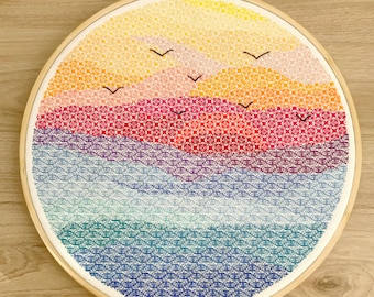Stitch-by-Numbers Sunset - PDF Blackwork Embroidery Pattern