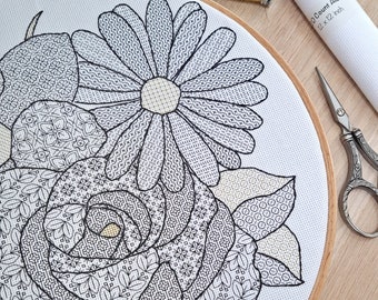 Frühlingsstrauß Blackwork Stickmuster - PDF Download