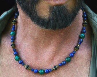 blue energy gemstones Beaded Necklace / Lapis Lazuli, Onyx, stones beads /Boho dainty charm