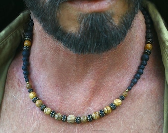 Earthy Jasper gemstone Beaded Necklace / natural Lava Stone casual Jewelry / birthday Gift for Men