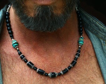 Mens Black Coral natural Beaded Necklace / Turquoise & Onyx Biker masculine boho Jewelry
