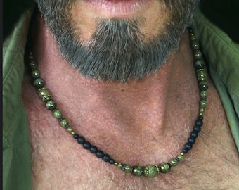 Mens Green Jasper antique style beads Necklace / Rustic delicate spring jewelry / gift for dad