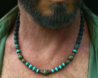 mens Turquoise Onyx stones Beaded Necklace / Boho rustic Gemstone Jewelry / delicate charm beads