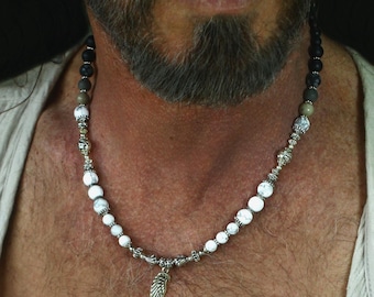 Howlite stone Wing Pendant Necklace: Natural Gemstone Beads / ethnic tribal white jewelry for surfers