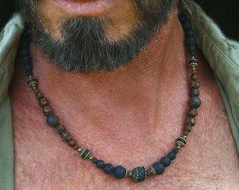 Mens rustic Lava Stone Necklace / ethnic masculine classy jewelry / birthday gift for boyfriend
