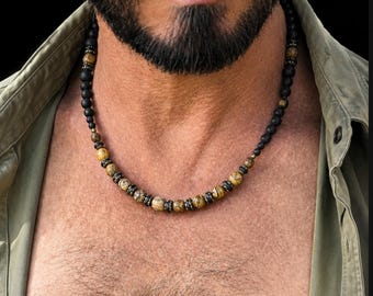 Aardse jaspis edelsteen kralenketting / natuurlijke lavasteen casual sieraden / verjaardagscadeau voor mannen