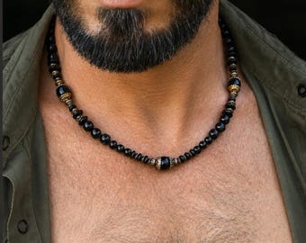 Zwarte onyx edelsteen kralenketting heren / elegante delicate sieraden / luxe herenkleding sieraden