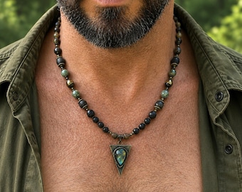 Labradoriet edelsteen hanger ketting voor mannen / jaspis, lavastenen kralen / rustieke bronzen handgemaakte sieraden