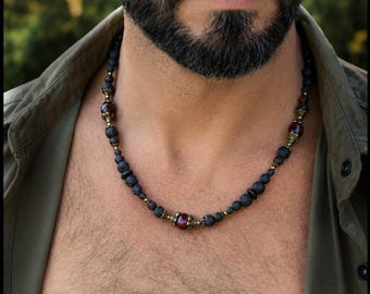 Lavasteen kralenketting heren / tijgeroog, agaat edelstenen kralen / rustiek zwarte antieke stijl