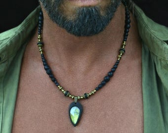 Labradorite Pendant gemstone beaded Necklace / oriental ethnic mystic jewelry birthday gift