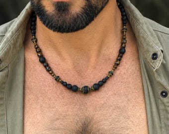 Rustieke lavasteenketting heren / etnische mannelijke stijlvolle sieraden / verjaardagscadeau voor vriend