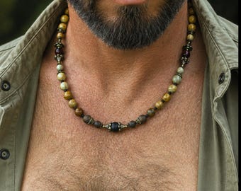Heren casual kralenketting met edelstenen / Jaspis, tijgeroog / Aardse sieraden, cadeau voor hem