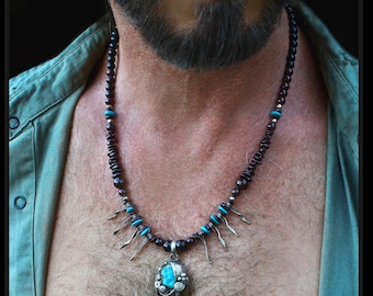 sterling silver vintage necklace / genuine turquoise gemstones beaded jewellery / native indian style shamanic jewelry