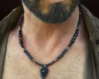 Mens Agate Arrowhead Pendant Necklace / Lava, Onyx gemstone beads / rustic native jewelry gift for boyfriend