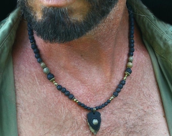 Mens Arrowhead gemstone rustic Necklace / Jasper, Lava Stone, Agate stones beads / handcrafted gift for boyfriend