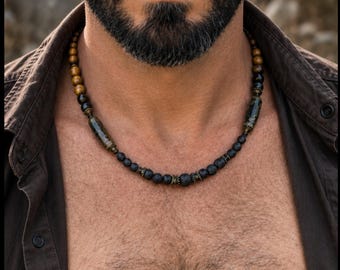 mannelijke aardse edelsteenketting / Tibetaanse dzi-kraal agaat / sieraden verjaardagscadeau voor papa