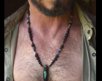 Labradorite Locket gemstone Necklace / Handcrafted Capsule Urn Boho pendant / Occult Spiritual Jewelry for Men