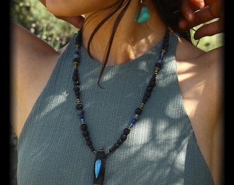 Labradorite Locket gemstone Necklace / Onyx Lapis Lazuli lucky Beads / Mystique Pendant spiritual gothic woman