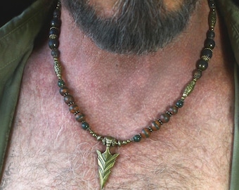Mens Tribal Beaded Necklace / Bronze Arrowhead Pendant, Jade & Agate Gemstone beads / gift for dad