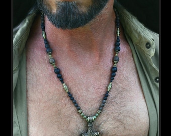 Thor Hammer bronze Pendant Necklace / Lava & Onyx gems beads / Viking Jewelry gift for man