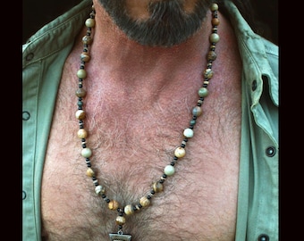 Beaded Jasper and Onyx gemstone Pendant long Necklace / handcrafted Natural Statement hippie Jewelry