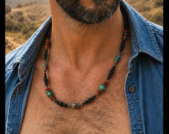 Minimalistische edelstenen ketting / Rode koraal Hubei turkoois inheemse stenen / Boho heren sieraden in etnische stijl