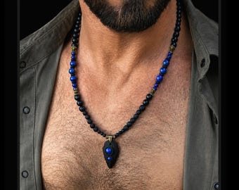 Zwarte obsidiaan pijlpunt edelsteen ketting / zwarte en blauwe kralen lapis lazuli / opvallende western sieraden