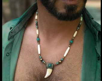 mens claw ethnic bones beaded necklace / masculine native layering boho jewellery / personalized tribal jewelry