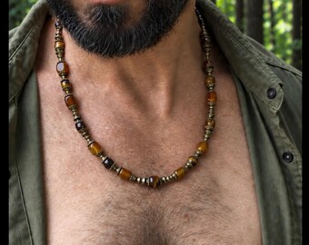 oriental gemstones beaded necklace / minimalist agate tiger eye stone beads / ethnic hippie retro jewelry