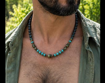 heren turkoois onyx stenen kralenketting / boho rustieke edelsteensieraden / delicate bedelkralen