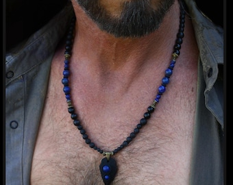 Arrowhead gemstone Necklace for men / black Obsidian, blue Lapis Lazuli stones / statement spiritual jewellery