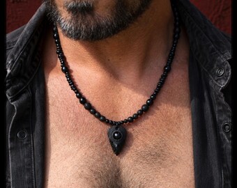 black Obsidian Arrowhead gemstone Necklace / natural Garnet & Lava Stone / charming jewelry for bikers