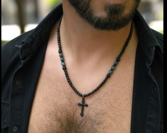 mens black cross beaded necklace / eagle eye onyx gemstones / spiritual jewelry gift for dad